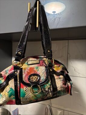 Sharif Multicolor Painted Snakeskin Backpack with Black Patent Trim